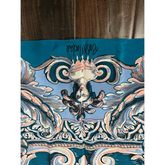 Bob Mackie Designer Angel Print Silk Scarf Square Blue Teal Multi Wrap NWB - Picture 3 of 11